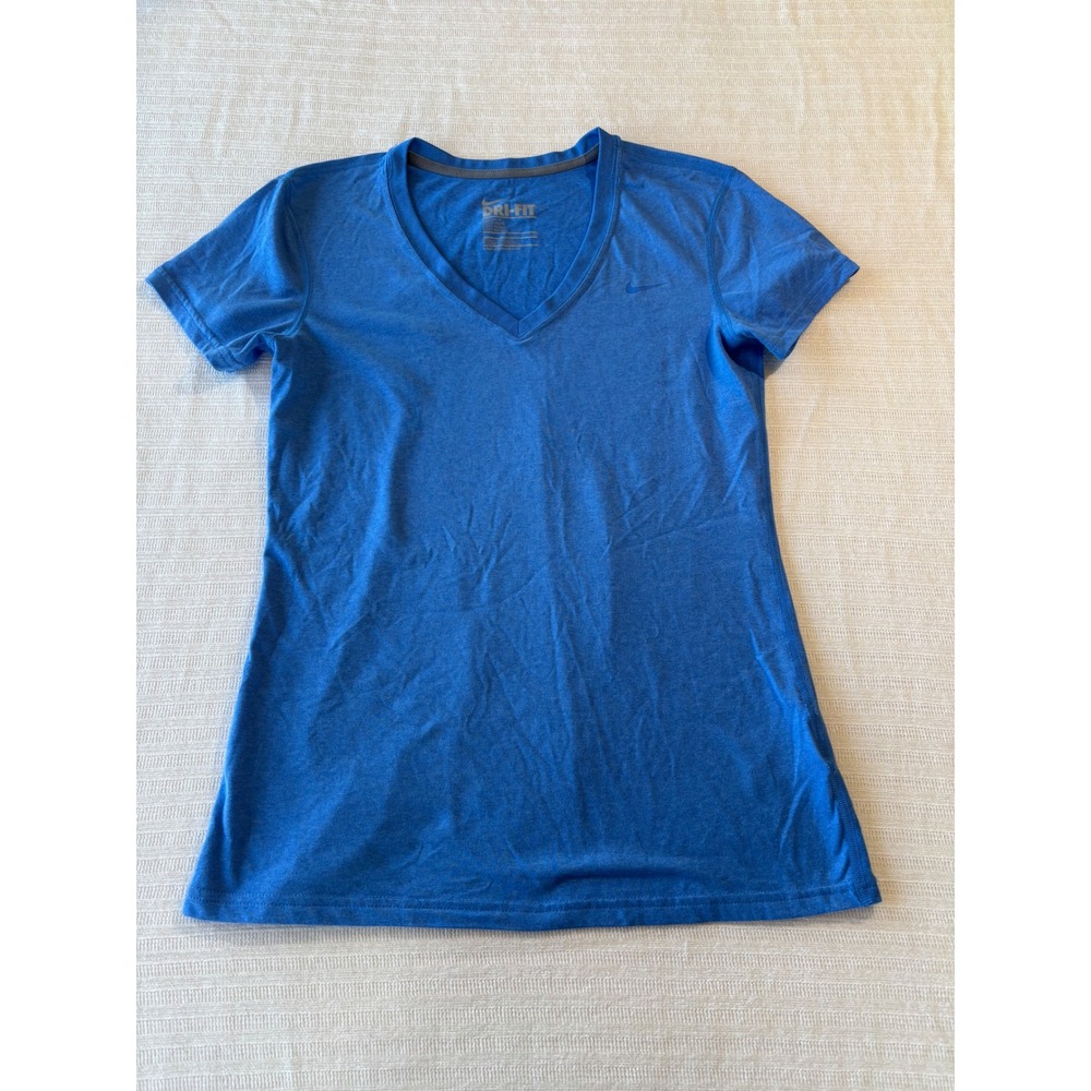 Nike Dri-FIT Womens V-Neck Athletic T-Shirt Blue Heathered Short Sleeve Small